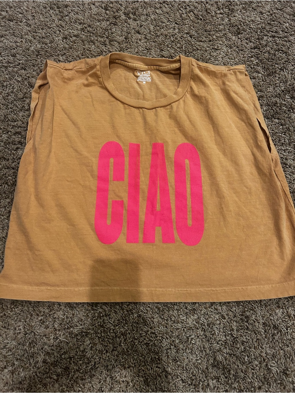 Womans Tan Sleeveless Tee with Pink CIAO Graphic